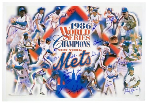1986 New York Mets World Champions Team Signed Poster with 33 Signatures including Carter)